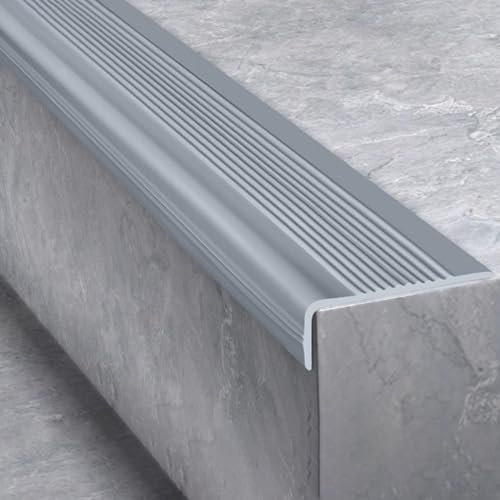 DECAKE Threshold Strip L-Shaped Vinyl Stair Nose Edging, Self Adhesive Stair Edge Protector, Non-Slip & Waterproof Rubber Step Edge Trim for Outdoor Indoor Staircases(Gray,7pcs)