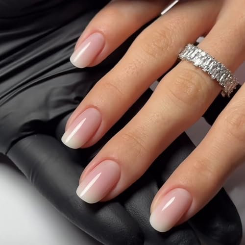 24 Stück French Press on Nails, Eckig Nägel Zum Aufkleben Kurz Nude Pink Farbverlauf Künstliche Nägel mit Nagelkleber Aufkleber, Natürlich Kunstnägel Acryl Fingernägel Fake Nails für Frauen Mädchen