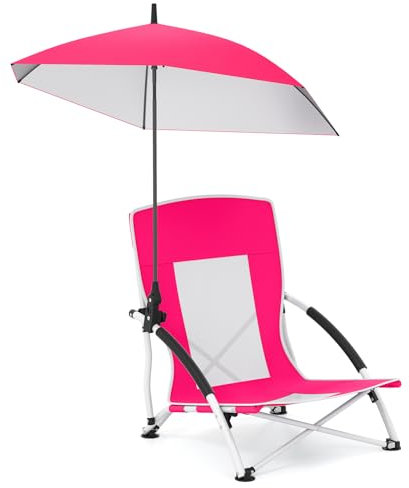 COSTWAY Beach Umbrella Chair for Adults, Foldable Low Seat Camping Chair with Adjustable Parasol, Universal Umbrella Clamp and Armrest, Portable Outdoor Backpack Chairs (1, Pink)