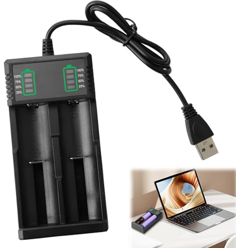 USB Cargador Batería 18650, 2 Cargador Pilas Rápido Baterías de Litio para 3.7V Li-Ion 18490 18350 17670 17500 16340 14500 20700 21700 26650, 50cm Cable (Negro)