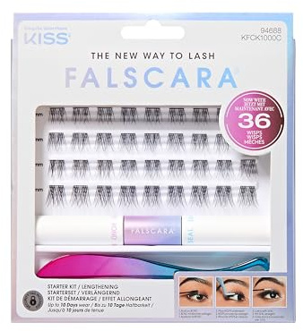 FALSCARA Komplettes DIY Wimpernverlängerungs-Starterkit, Bond & Seal, präziser Applikator & 36 verlängernde 10mm-12mm verlängernde Wisps, natürliches Volumen, sportlicher Stil & runde Form