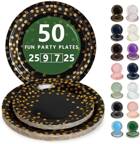 Nkaiso Pappteller, 50 Stück Schwarzesgold Partygeschirr Kindergeburtstag Set Mit 23cm Party Teller, 18cm Dessertteller, Elegantes Einweggeschirr für 25 Gäste, Jubiläums, Hochzeiten