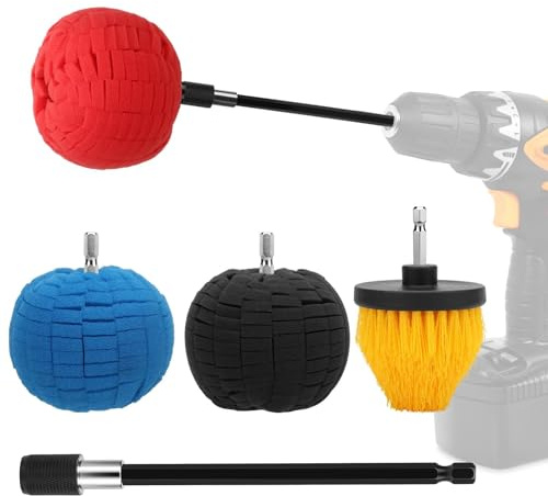 Linkstyle 5PCS Drill Polishing Ball Set, Car Wheel Polisher Sponge Pad Kit with Long Extension Pole & Cleaning Brush, Buffing Ball for 1/4 Hex Drill, Car Rim and Metal Surface Polishing Tool