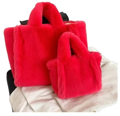 Plyschväska stor plyschväska för kvinnor, axelväska i konstläder, fluffiga designerväskor för vinter, mjuka och varma kors för, shopping, Rosaröd, 45x15x33cm