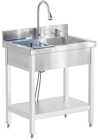 27inch Stainless Steel Utility Sink, Commercial Kitchen Single Bowl Sink with Cold and Hot Water Faucet,Hoses and Drain Kit,Complete Base Plate for Kitchens, Bathrooms, Garage, Laundry Room