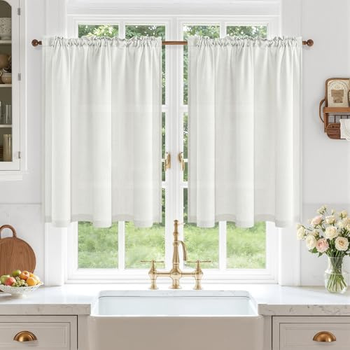 MRTREES Scheibengardinen Modern Leinenoptik Halbtransparent Küche Wohnzimmer Bistrogardine 2er Set, Küchengardinen Kurz Landhausstil für Küchenfenster Kleine Fenster, H 60 x B 120 cm, Ecru