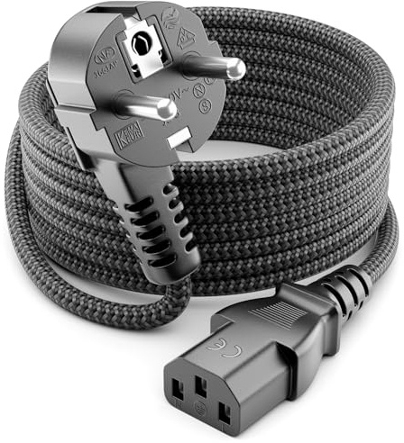 deleyCON 1m Kaltgerätekabel Nylon Typ F auf C13 90° - Grau | Netzkabel Stromkabel Kaltgeräte Strom Kabel, Schutzkontakt 90° Winkel Stecker, für PC, Computer, Monitor, Drucker