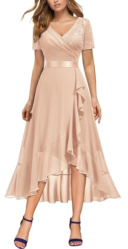 MIUSOL Women's Elegant V-Neck Lace Sequin Chiffon Wedding Guest Formal Evening Party Dress