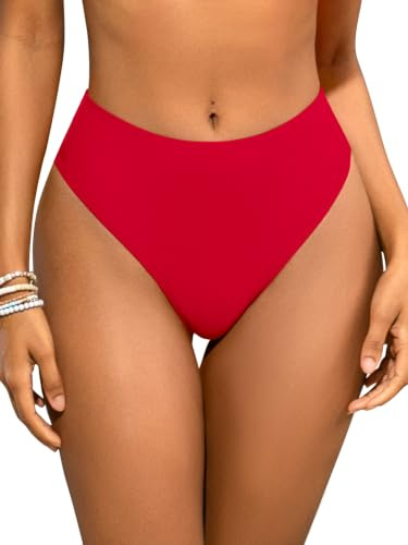 SHEKINI Women High Waisted Bikini Bottoms Tummy Control High Cut Swim Thong | Ruched Back, Bikini Brief, Only Swimming Bottom, Beach
