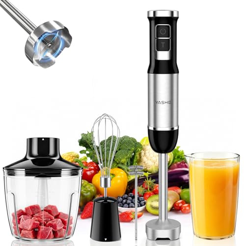 YASHE Mixeur plongeant 1000W 5-en-1 avec Turbo et accessoires | 6 vitesses, hachoir 500 ml, gobelet 600 ml, fouet, mousseur à lait et lames inox pour smoothies et soupes