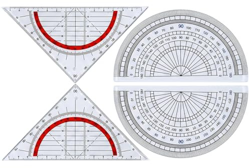 KADFEL 4 Pezzi Set Squadre e Goniometro in Plastica Trasparente, 2 Squadrette 15,3x11 cm + 2 Rapporteur 10,2x5,7 cm, per Disegno Tecnico e Geometrico