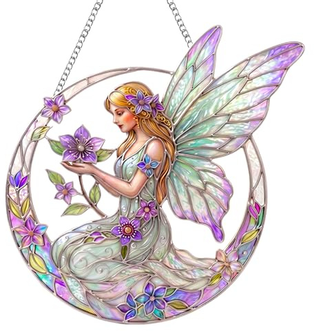 Fairy Sun Catcher, Acrylic Garden Hanging Ornaments with Chain, Whimsical Imitation Stained Glass Suncatcher for Windows, Charming Home Decor for Hallway and Balcony