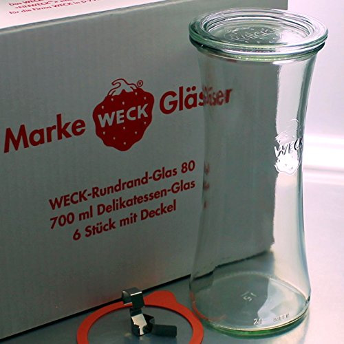 6 WECK ® 700ml Delikatessen RR80 Einkochgläser mit Glasdeckel, Ringen und Klammern im Original Karton (Mit Glasdeckel, Ringen und Klammern)