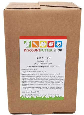 Discountfutter.shop Leinöl 100 für Pferde (1 x 5 Liter)– kaltgepresst & 100% Leinsaat –Omega-3 & Vitamin E – Für Fellglanz, Verdauung & Immunsystem – Ergänzungsfuttermittel – Nachhaltig verpackt