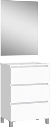 Baikal Conjunto de Mueble de Baño suspendido a la Pared con Fondo reducido, con Lavabo y Espejo, Tres cajones, Medidas de 50cm Blanco Mate