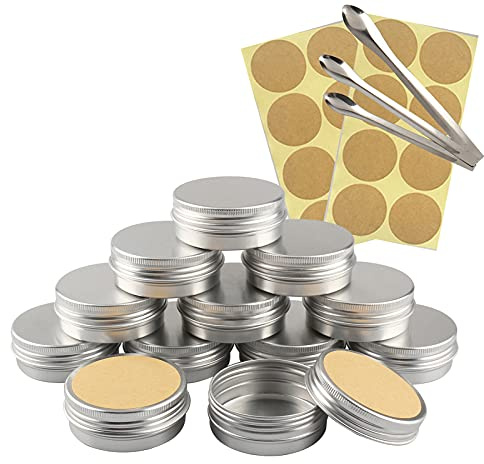 TIANZD 100 Pièces 40 ml Vide Rond Argent Pots en Aluminium Cosmétiques Pot Canettes Bocaux Conteneurs 5ml for Fait Main Bougies Crème Baume Voyage, 3x aluminium cuillère, 100x Étiquettes