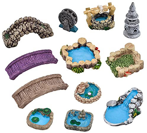 CRAFFANCY 12Pcs Micro Landscape Ornament Craft, Miniature Gardening Decoration Resin Craft Figurines Bridge Pool Water Well Windmill Pond Fairy Garden Accessories