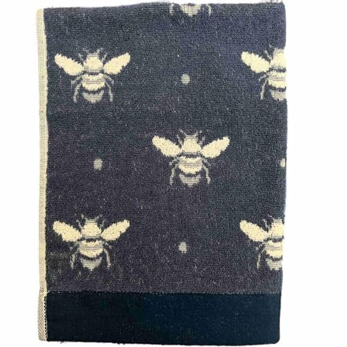 Jansons Direct Linens 2 x 100% Cotton Guest Size Towel In Navy Blue with Bumble Bee Design in White 40cm x 70cm