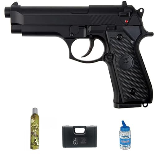 Pistola Airsoft Saigo M92 Gas (6 mm) | Arma Airsoft semiautomatica tipo Beretta 92 alimentata a Green Gas + valigetta, bombola di gas e pallini (Potenza: 0,43 joule)