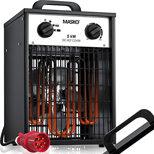 Masko® Elektroheizer Heizlüfter Bauheizer 5 KW mit integriertem Thermostat elektrisch Heizgerät 5000 Watt 3 Heizstufen Heizgebläse für Innen- und Außeneinsatz Überlastschutz Elektroheizgebläse Weiß