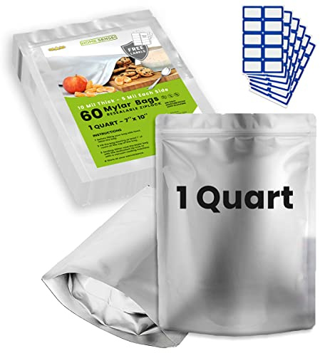 60pcs 1 Quart Mylar Bags for Food Storage - ExtraThick 10 Mil - Smell Proof Mylar 1 Quart - Stand-Up Zipper Pouches 7 x 10 - Small Bags for Food Storage - Heat Sealable