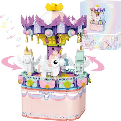 R HOME STORE Music Box Building Toys, Rotating Carousel DIY Building Block for Girls and Boys 6-12 Years Old, 874 pcs, STEM Construction Toy Valentine for Adults and Aged 8 9 10 11 12 Kids