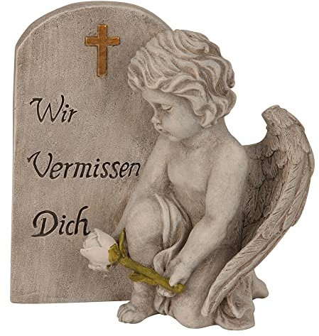 Décoration funéraire - Ange avec croix et inscription « Wir vermissen Dich » - Résistante aux intempéries - Décoration funéraire - Ange assis avec rose - 8 cm de haut et 11,5 cm de large - Souvenir