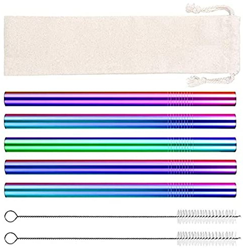Lot de 5 pailles extra larges réutilisables en acier inoxydable Boba 12 mm