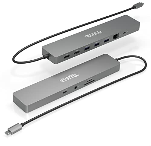 Plugable 11-in-1 USB-C Hub, 100W USB-C Pass-through, Laptop Docking Station Dual Monitor, 4K 60Hz HDMI, Compatible with Thunderbolt, Windows, Chromebooks, Displays Mirrored on Mac