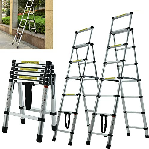 Telescopic Ladder, Portable 6+7 Step Aluminium Extension Ladder, A-Frame Multi-Purpose Anti-Slip Extendable Loft Ladder Folding Ladder Lightweight Collapsible Ladder, Max Load 150kg, EN131 (2m+2.3m)
