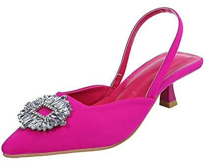 SOOUICKER Damen Slingback Kätzchen Absatz Pumps für Damen Mid Heel Diamant Spitze Zehen Hochzeit Abschlussball Kleid Sandalen, rose, 38.5 EU