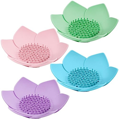 Framendino, 4 Pack Silicone Soap Dishes, Non-Slip Floral Shaped Design Self-draining Sponge Bar Holder Flower Shape Saver for Shower Bathroom Kitchen Sinks