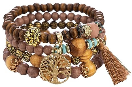 SJBAUTYO Boho-Holzperlen-Armband für Damen, mehrschichtiges Stretch-Quasten-Armband-Set, Lebensbaum-Charm, Liebe, Statement-Armreifen, 1 Coun, Braun