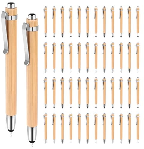 NIZEAMI Kugelschreiber Set, 50 Stück Bambus Kugelschreiber Schreibgerät mit Touchpen 2 in 1 Kapazitive Stylus Stifte für Universelle Touchscreen Geräte, Schwarze Tinte