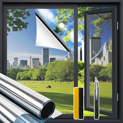 Zindoo Vinilos para Cristales Vinilo Adhesivo Cristal Efecto Espejo con Kit de Montaje Anti UV Anti Calor Unidireccional Protector de Privacidad Protege del Sol para Hogar Oficina Tienda 44.5 × 400cm