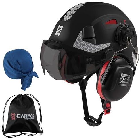 HEARMOR Casco protettivo 3 in 1 con protezione udito e visiera, casco lavoro EN 397 per foresta, costruzione e arrampicata, tasca portatile e inserto rinfrescante