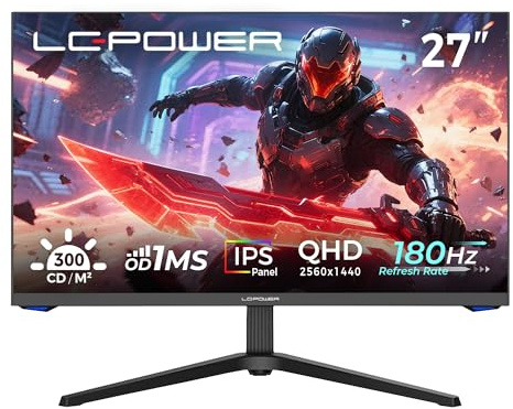 LC-POWER QHD Gaming Monitor 27 Zoll, Fast IPS-Panel, 2560x1440, 180Hz, 1ms, 99% sRGB Colour Gamut, Adaptive Sync, Höhenverstellbarer Standfuß, Pivot-Funktion, DisplayPort 1.4, HDMI 2.0, LC-M27-QHD-180