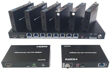 FOURKAY 1x8 4K@60Hz HDMI Splitter over CAT5e/6/7 Ethernet with 8 auto downscaling receivers. 60m Range at 4K60. 90m Range at 1080p. HDCP 2.2. Bi-Directional IR. Audio Extraction.