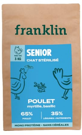 FRANKLIN – Croquettes Chat Senior – 65% de Poulet – 3 kg | Sans Céréales – Riche en Protéines – Soutien des Reins et Articulation – Digestion Facile – Taille 9mm – Fermeture Intégrée