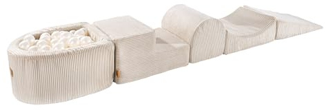MEOWBABY Schaumstoff Bausteine Kinder - Softbausteine XXL - Bausteine Spielplatz mit kleinem Bällebad und 100 Bällen - Indoor Motorik Spielzeug für Babys & Kleinkinder, Cord, Ecru
