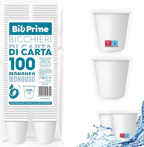 Bio Prime - 100pz - Bicchieri Acqua in Carta 200ml - Bicchieri 200ml Biodegradabili - Per Bevande Calde, Acqua e Bibite - Bicchieri Usa e Getta.