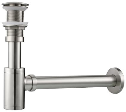 Sifón tubular con válvula de desagüe Pop Up, sifón universal con desagüe de acero inoxidable para lavabo y lavabo, tapón de olor con apertura de limpieza (rebosadero, plata)