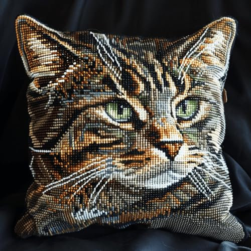 DIY knüpfen set anfänger Fantasie-Katze knüpfkissen mit vordruck Tierportraits Knüpfhaken-Set für selbstgemachte Dekokissenbezüge，Handarbeits-Kissenbezüge，Handarbeit，Häkeln für die Fami 43x43cm