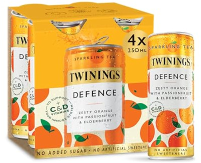 Twinings Defence -Orange and Passionfruit Flavoured Sparkling Tea-Refreshing Fruity Beverage(4X250ml Cans)-No Added Sugar,Low in Caffeine/Calorie,Healthy Alternative,Antioxidant Rich,Vegan,Gluten Free