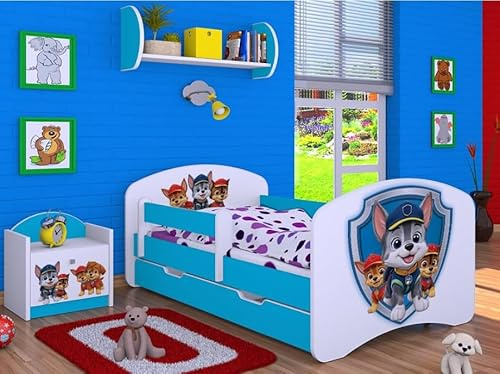 BDW Kinderbett Super Hunde - Babybett mit Matratze und Schublade - Bequem und Langlebig Rausfallschutz Bett - Kinderzimmer (Blau, 140x70)
