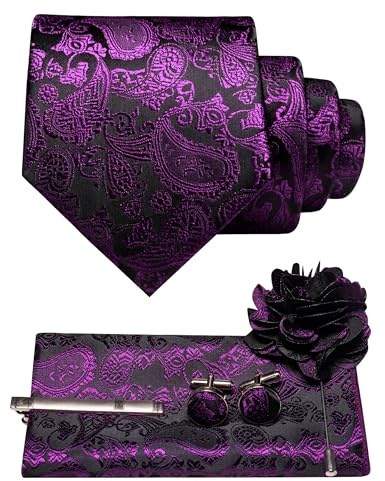JEMYGINS Cravate pour homme à motif paisley avec pochette, pince à cravate, broche fleurie et boutons de manchette - Ensemble, lilas, M