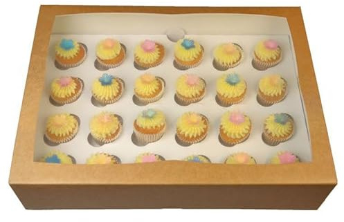 LARRYROO Kraft Brown Windowed MINI Cupcake Box | 24 Cavity | Mini Cup Cake Boxes & inserts (10)