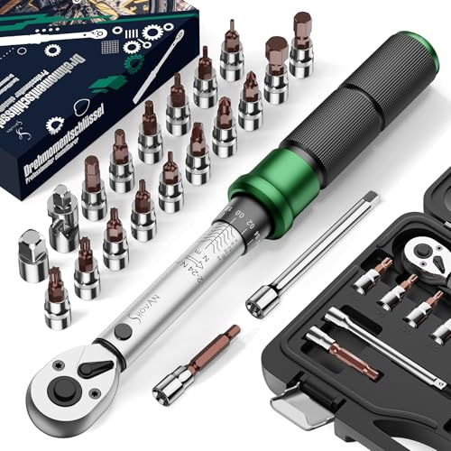 21PCS Bike Torque Wrench Set 2-24 Nm, 1/4 Drive, ±3% Accuracy, 72 Teeth Dual-Direction Adjustable, with Extension Bar, Socket Bits (Hex & Torx & Phillips), for Mountain Bike, Bicycle Repair