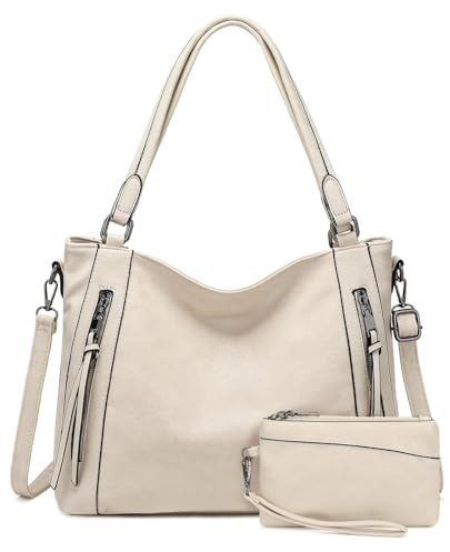 VINBAGGE Damen Handtasche Shopper Tasche Elegant Vintage Schultertasche Umhängetasche Henkeltasche Mit Geldbörse Hobo Frauen für Büro Schule Reise - Set 2pcs Beige