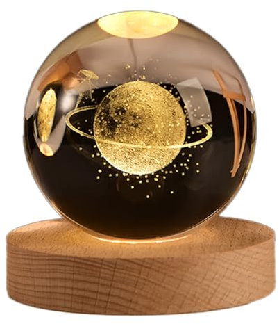 Luce notturna con cielo stellato, luce notturna in cristallo con base in legno incandescente, sfera decorativa in vetro 3D, intaglio interno 3D, per camera da letto e soggiorno, lampada da notte per